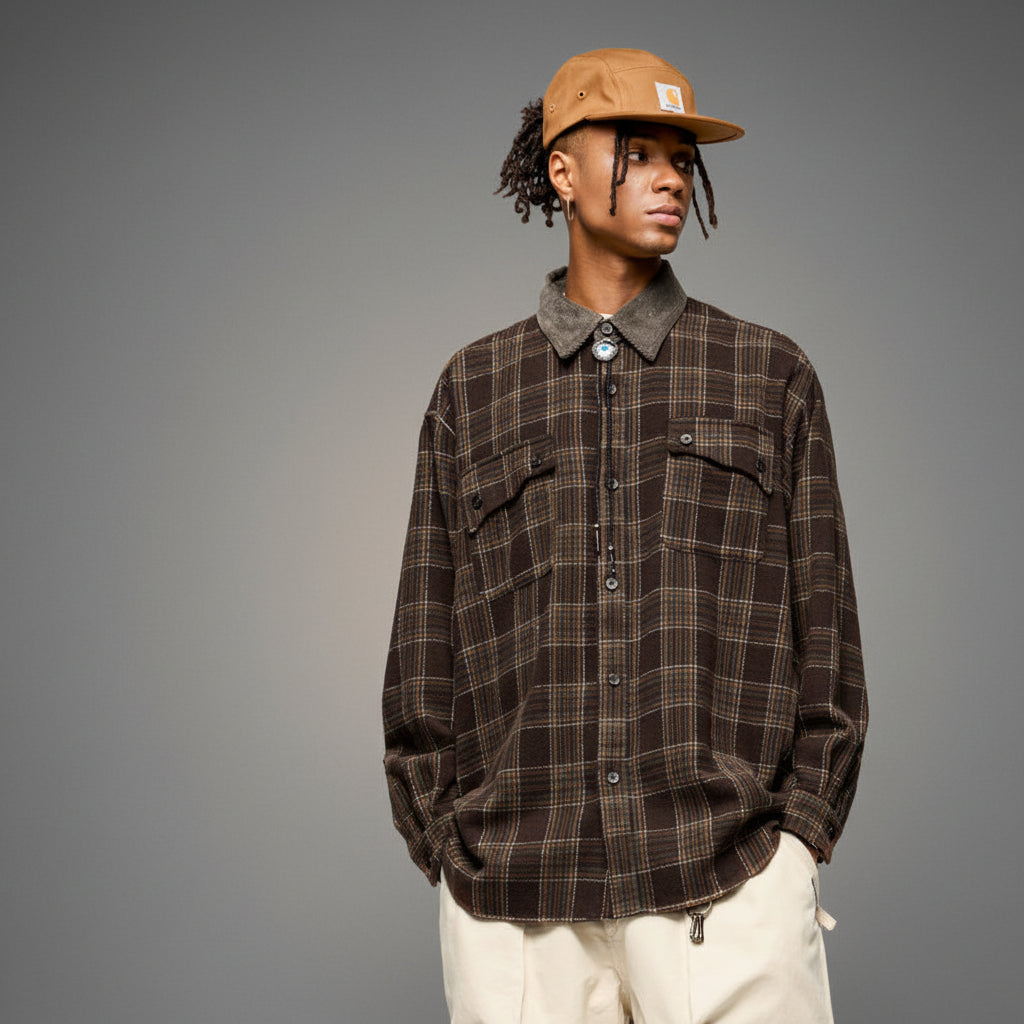 Person wearing a plaid shirt with 'inflation' branding on a white background